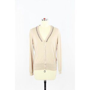 SEVENTY Beige Cotton Knit Rhinestone Pearl Trim V-Neck Cardigan Sweater, Size 42